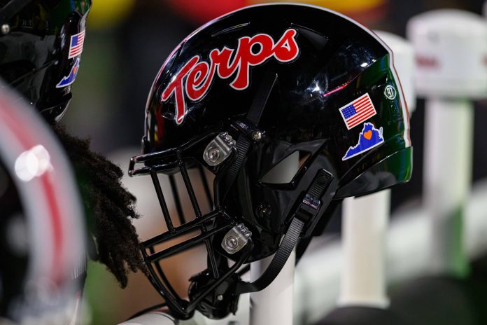 Sep 15, 2023; College Park, Maryland, USA; Detailed view of a Maryland Terrapins helmet during the game between the Maryland Terrapins and the Virginia Cavaliers at SECU Stadium. Mandatory Credit: Reggie Hildred-USA TODAY Sports