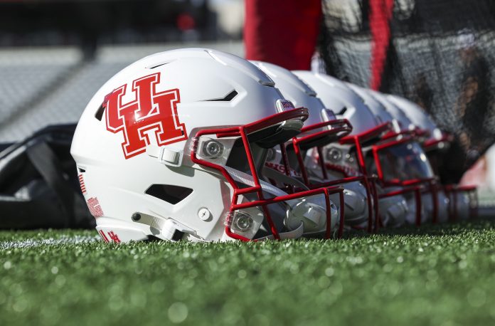 Sep 23, 2023; Houston, Texas, USA; General view of Houston Cougars helmets on the sideline before the game against the Sam Houston State Bearkats at TDECU Stadium. Mandatory Credit: Troy Taormina-USA TODAY Sports