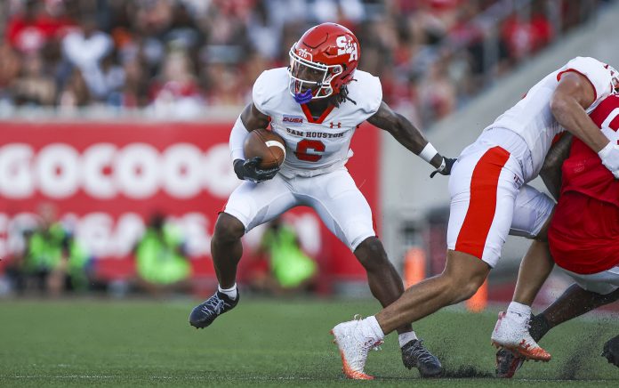 Sep 23, 2023; Houston, Texas, USA; Sam Houston State Bearkats wide receiver Noah Smith (6) runs with the ball during the first quarter against the Houston Cougars at TDECU Stadium. Mandatory Credit: Troy Taormina-USA TODAY Sports