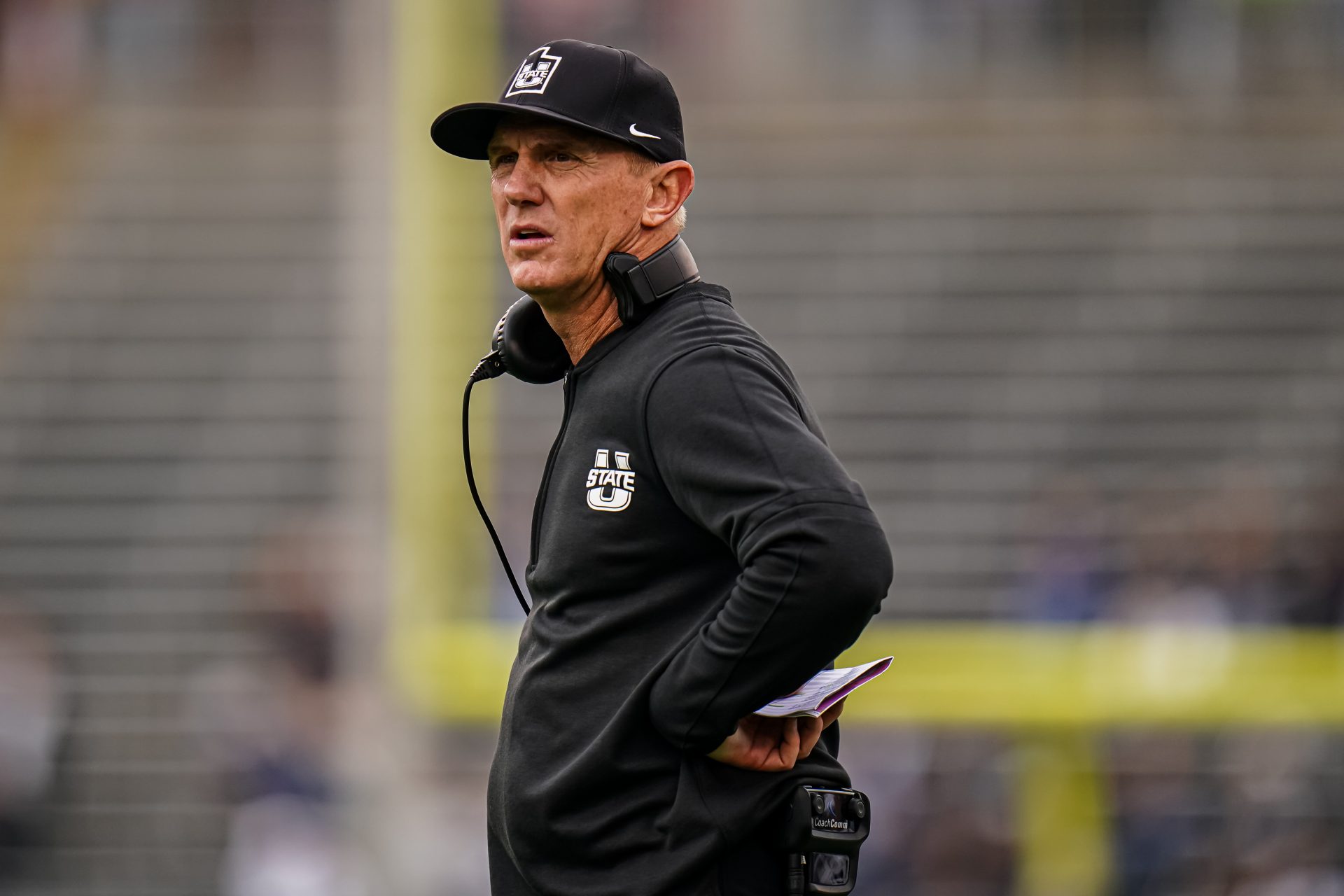 Sep 30, 2023; East Hartford, Connecticut, USA; Utah State Aggies head coach Blake Anderson watches from the sideline as they take on the UConn Huskies at Rentschler Field at Pratt & Whitney Stadium. Mandatory Credit: David Butler II-USA TODAY Sports