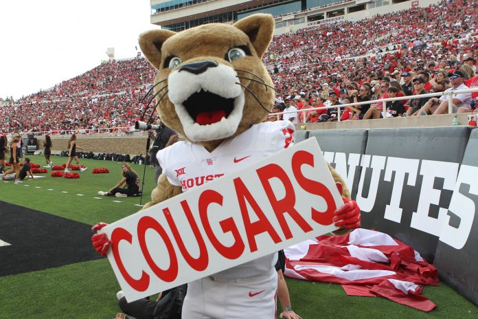 Sep 30, 2023; Lubbock, Texas, USA; The Houston Cougars mascot on the sidelines in the second half during the game against the Texas Tech Red Raiders at Jones AT&T Stadium and Cody Campbell Field. Mandatory Credit: Michael C. Johnson-USA TODAY Sports