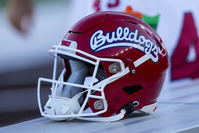 Oct 7, 2023; Laramie, Wyoming, USA; A general view of the Fresno State Bulldogs helmet before game against the Wyoming Cowboys at Jonah Field at War Memorial Stadium. Mandatory Credit: Troy Babbitt-USA TODAY Sports