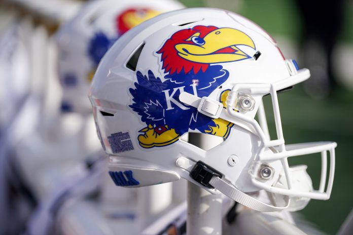 Oct 28, 2023; Lawrence, Kansas, USA; A general view of a Kansas Jayhawks helmet against the Oklahoma Sooners prior to a game at David Booth Kansas Memorial Stadium. Mandatory Credit: Denny Medley-USA TODAY Sports