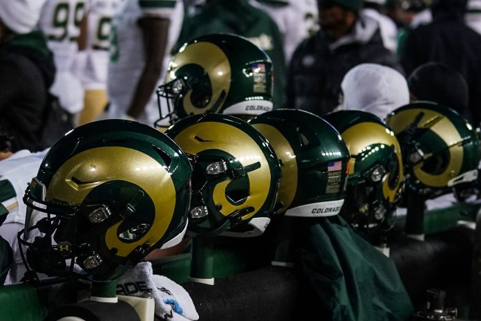 Nov 3, 2023; Laramie, Wyoming, USA; A general view of a Colorado State Rams helmets during game against the Wyoming Cowboys at Jonah Field at War Memorial Stadium. Mandatory Credit: Troy Babbitt-USA TODAY Sports