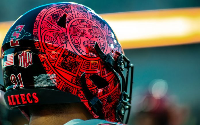 San Diego State football sports Aztec inspired helmets for its game against CSU at Canvas Stadium on Saturday, Nov. 11, 2023.