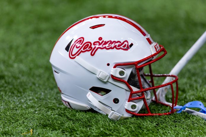 Dec 16, 2023; New Orleans, LA, USA; Detailed view of the Louisiana-Lafayette Ragin Cajuns helmet on a time out against the Jacksonville State Gamecocks during the first half at the Caesars Superdome. Mandatory Credit: Stephen Lew-USA TODAY Sports