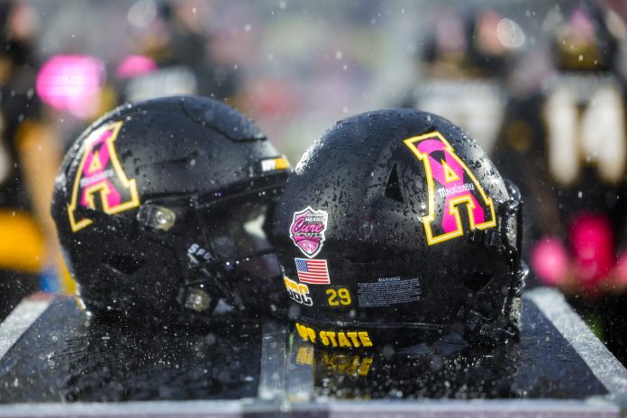 Dec 16, 2023; Orlando, FL, USA; Appalachian State Mountaineers helmets sit on the sideline during the Avocados from Mexico Cure Bowl against the Miami (OH) Redhawks at FBC Mortgage Stadium. Mandatory Credit: Nathan Ray Seebeck-USA TODAY Sports