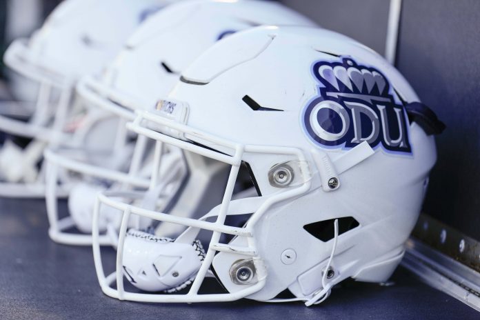 Dec 18, 2023; Charlotte, NC, USA; Old Dominion Monarchs helmets are seen during the first quarter of the Famous Toastery Bowl against the Western Kentucky Hilltoppers at Charlotte 49ers' Jerry Richardson Stadium. Mandatory Credit: Jim Dedmon-USA TODAY Sports