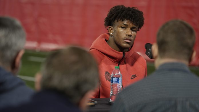 Jan 30, 2024; Columbus, Ohio, USA; Ohio State University football safety Caleb Downs talks with the media during his first sit-down interview since transferring from Alabama. He was the national freshman of the year at Alabama.