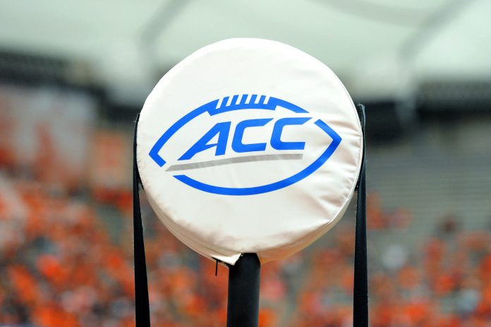 General view of the Atlantic Coast Conference logo on a yard marker during the game between the Central Michigan Chippewas and the Syracuse Orange in the third quarter at the Carrier Dome.
