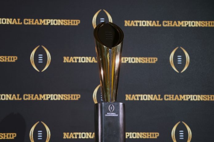 The College Football National Championship trophy at press conference at JW Marriot Houston by the Galleria.