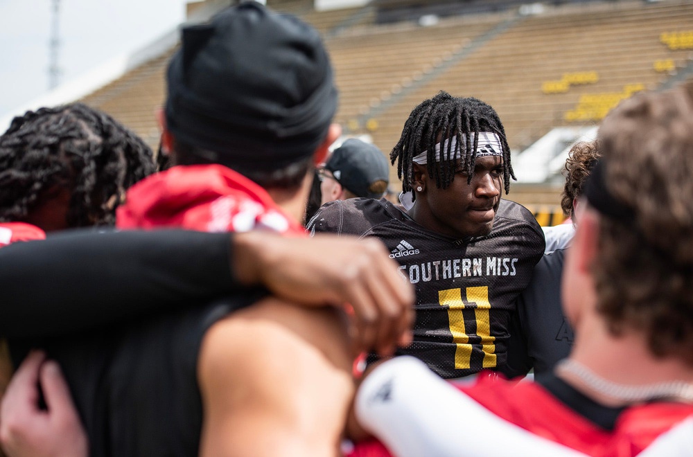 Southern Miss Golden Eagles' cornerback MJ Daniels (11) stands in a huddle after the spring game at the M.M. Roberts Stadium in Hattiesburg.