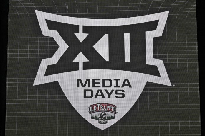A view of the Big 12 logo during Big 12 football media day at AT&T Stadium.