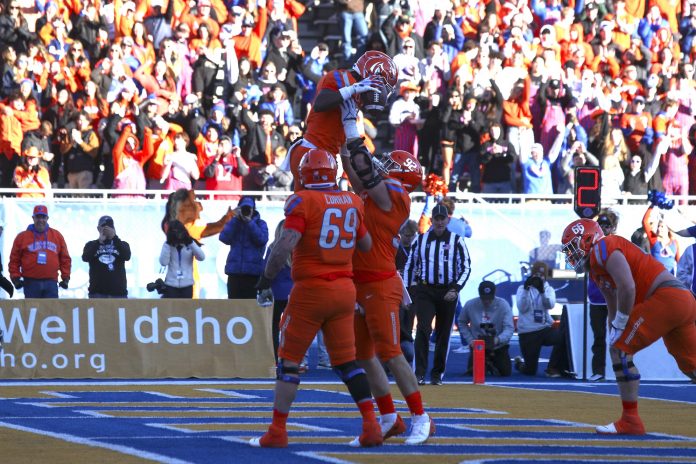 Boise State Broncos running back Jambres Dubar (1) celebrates during the first half against the Wyoming Cowboys at Albertsons Stadium. Mandatory Credit: Brian Losness-USA TODAY Sports