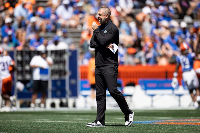 Florida Gators head coach Billy Napier looks on before the game at the Orange and Blue spring football game at Steve Spurrier Field at Ben Hill Griffin Stadium in Gainesville.