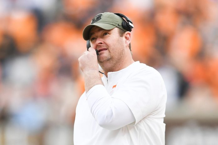 Tennessee head coach Josh Heupel walks on the sidelines during a football game between Tennessee and Vanderbilt at Neyland Stadium in Knoxville.