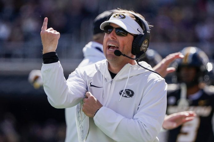 Missouri Tigers head coach Eli Drinkwitz gestures against the LSU Tigers during the second half at Faurot Field at Memorial Stadium.