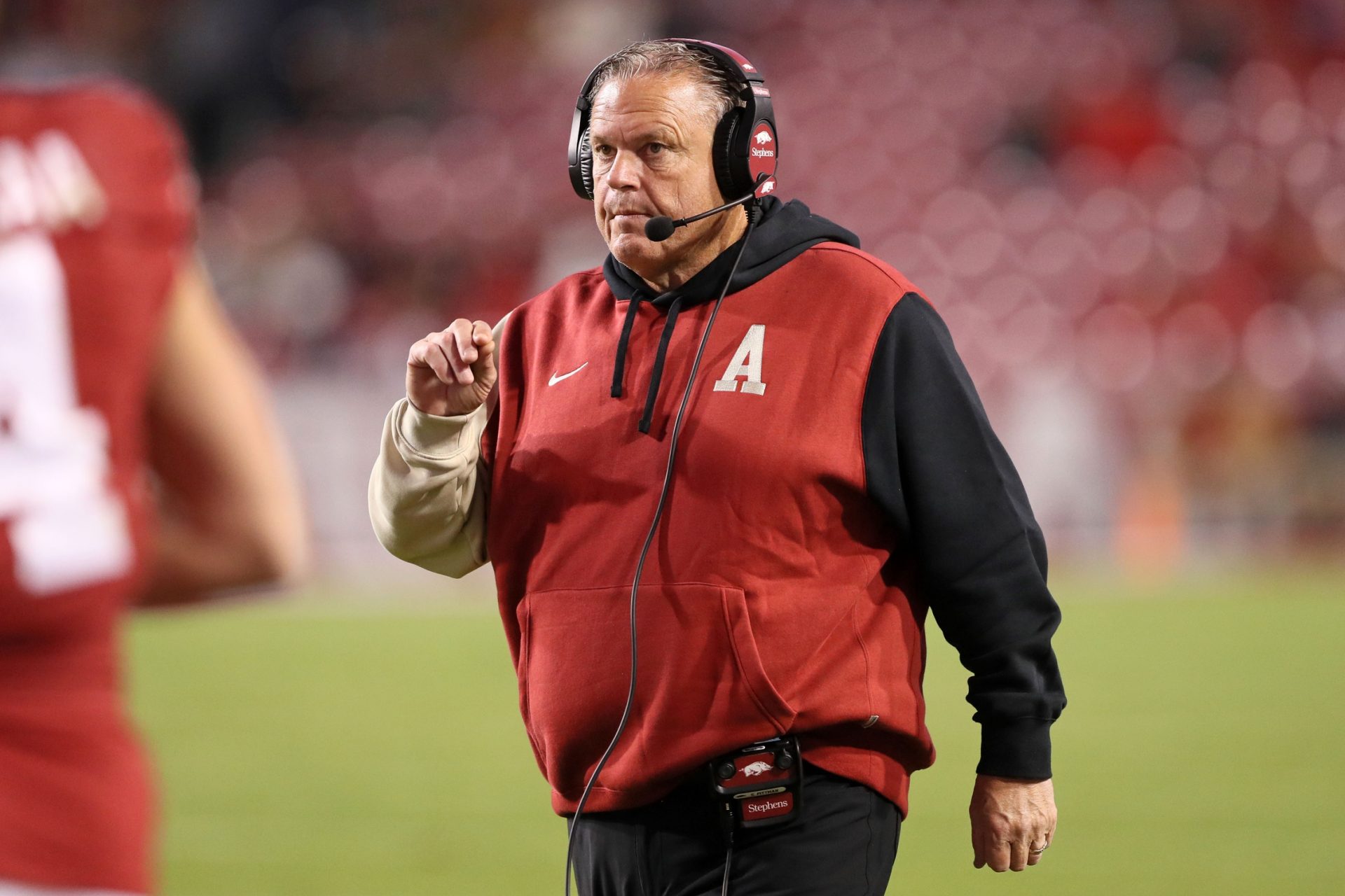 Nov 18, 2023; Fayetteville, Arkansas, USA; Arkansas Razorbacks head coach Sam Pittman during the fourth quarter against the FIU Panthers at Donald W. Reynolds Razorback Stadium. Arkansas won 44-20. Mandatory Credit: Nelson Chenault-USA TODAY Sports