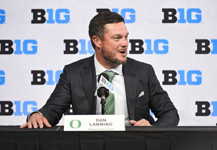 Oregon Ducks head coach ??Dan Lanning speaks to the media during the Big 10 football media day at Lucas Oil Stadium. Mandatory Credit: Robert Goddin-USA TODAY Sports