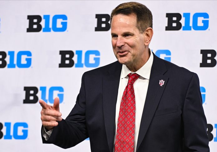 Indiana Hoosiers head coach Curt Cignetti speaks to the media during the Big 10 football media day at Lucas Oil Stadium. Mandatory Credit: Robert Goddin-USA TODAY Sports