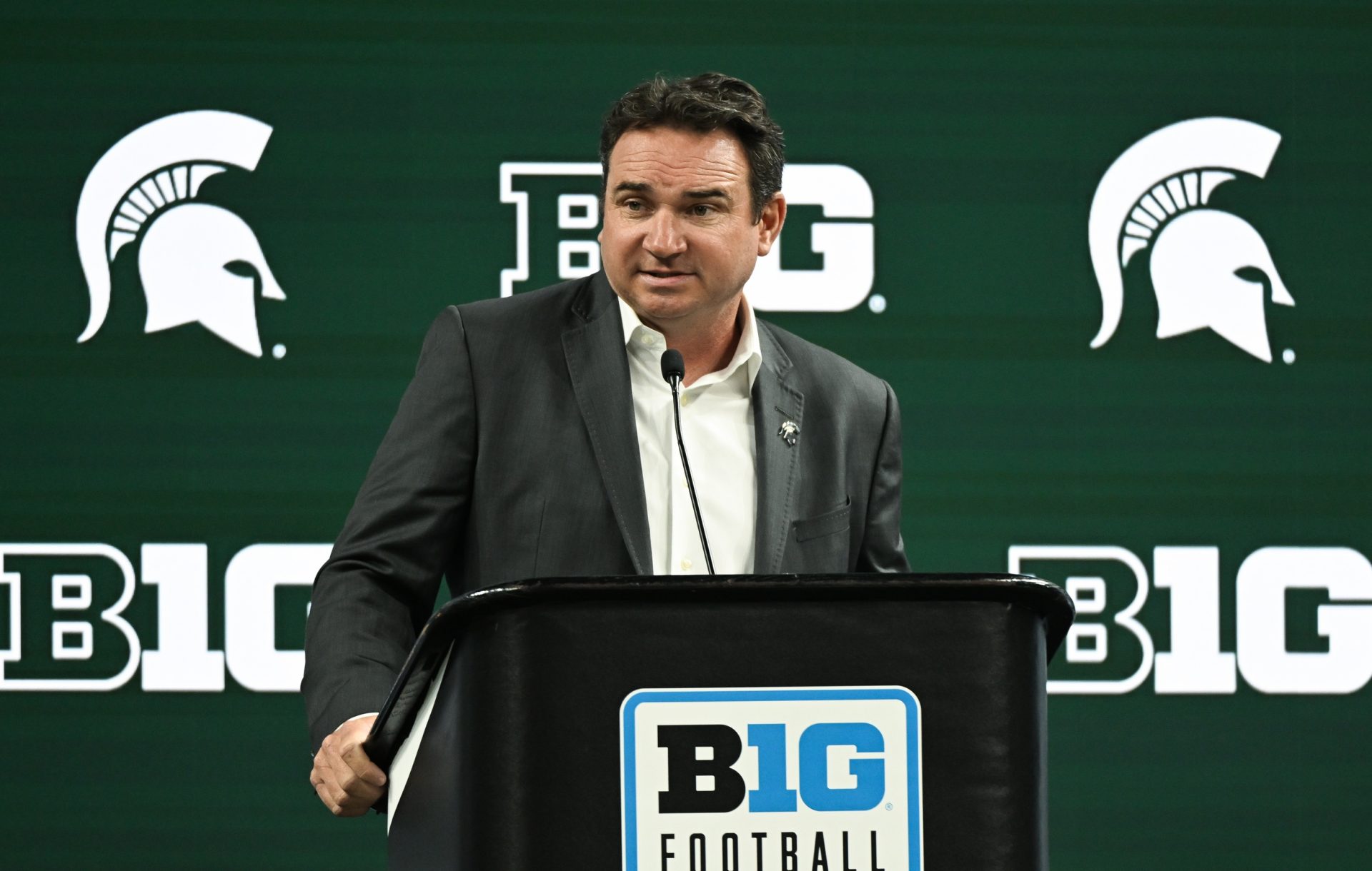 Michigan State Spartans head coach Jonathan Smith speaks to the media during the Big 10 football media day at Lucas Oil Stadium. Mandatory Credit: Robert Goddin-USA TODAY Sports