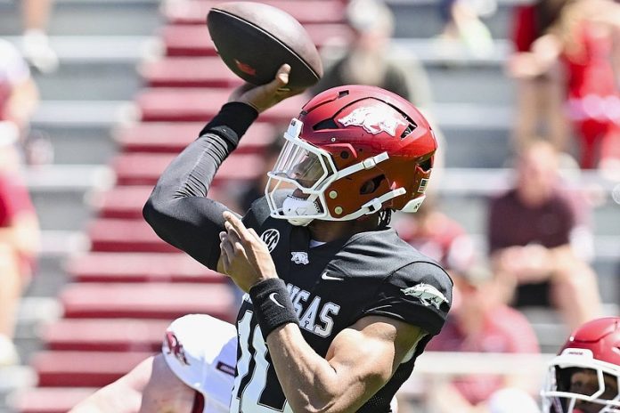 Arkansas quarterback Taylen Green throws a pass during the Razorbacks' Red-White Game on Saturday, April 13, 2024, in Fayetteville. (Hank Layton/NWA Democrat-Gazette)