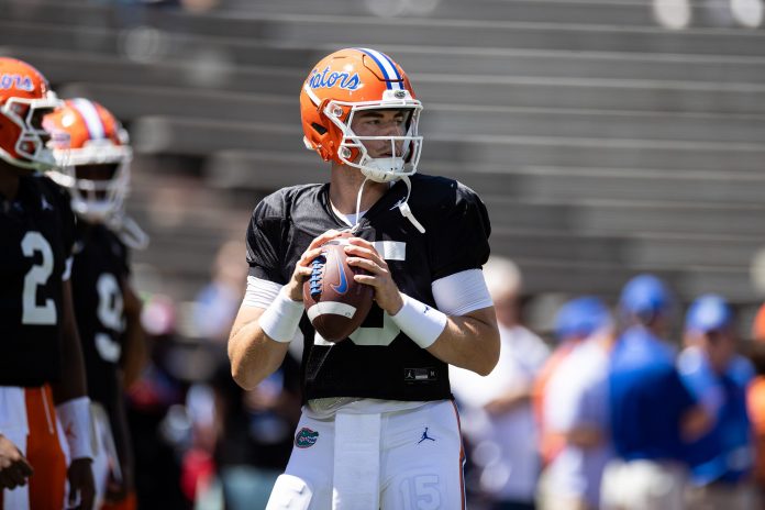 Florida Gators quarterback Graham Mertz (15) looks to throw before the game at the Orange and Blue spring football game at Steve Spurrier Field at Ben Hill Griffin Stadium.