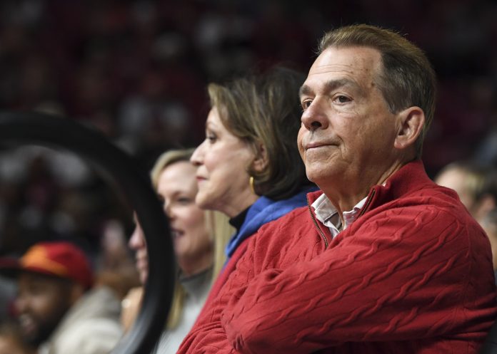 Alabama Crimson Tide former head football coach Nick Saban looks on during a basketball game between Alabama and the Texas A&M Aggies at Coleman Coliseum.