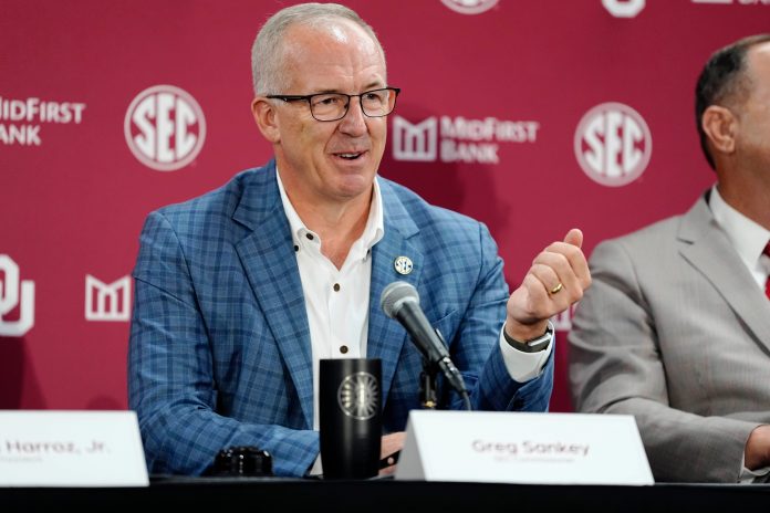 SEC commissioner Greg Sankey talks during a press conference before a celebration for OU joining the Southeastern Conference in Norman.