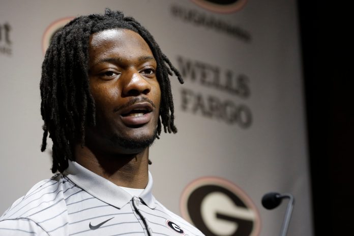 Georgia linebacker Smael Mondon speaks to the media on the first day of spring practice in Athens.