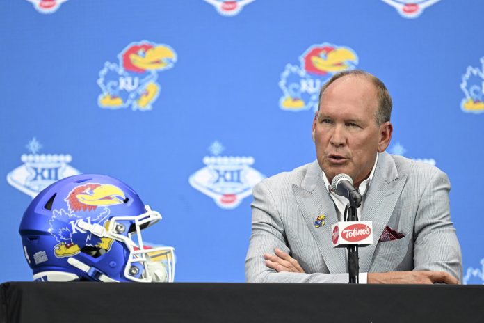 Kansas Jayhawks head coach Lance Leipold speaks to the media during the Big 12 Media Days at Allegiant Stadium.