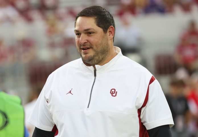 Oklahoma Sooners offensive coordinator Jeff Lebby before the game against the Kansas State Wildcats at Gaylord Family-Oklahoma Memorial Stadium.