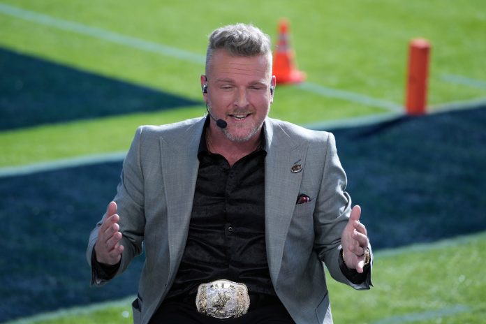 Pat McAfee on the ESPN College Gameday set at the 2024 Rose Bowl college football playoff semifinal game at Rose Bowl.