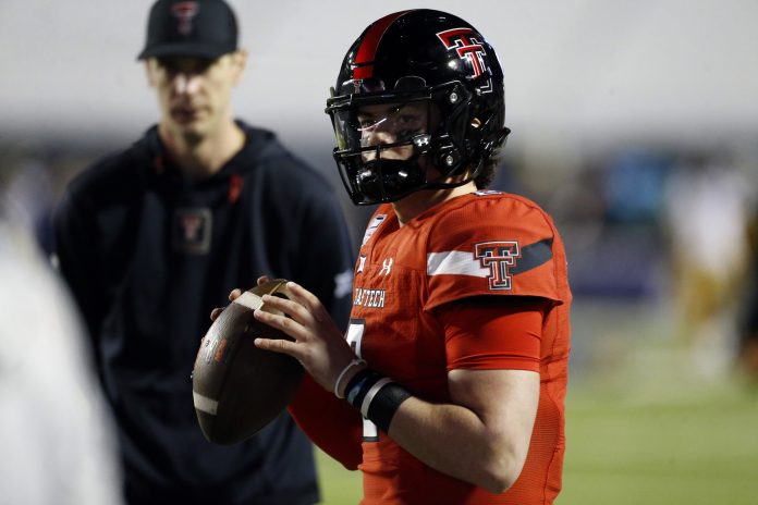 Texas Tech Red Raiders quarterback Behren Morton (2) passes the ball during warm ups prior to the game against the California Golden Bears at Independence Stadium.