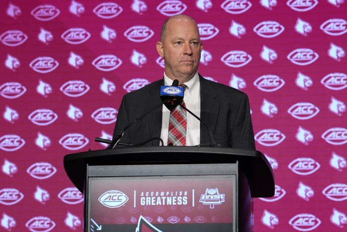 Louisville Cardinals head coach Jeff Brohm speaks to the media during the ACC Kickoff at Hilton Charlotte Uptown.