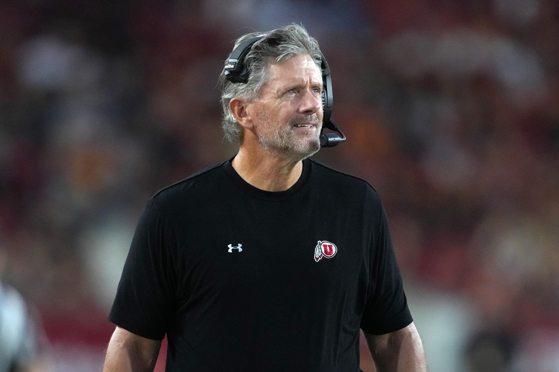 Utah Utes head coach Kyle Whittingham watches from the sidelines against the Southern California Trojans in the first half at United Airlines Field at Los Angeles Memorial Coliseum.