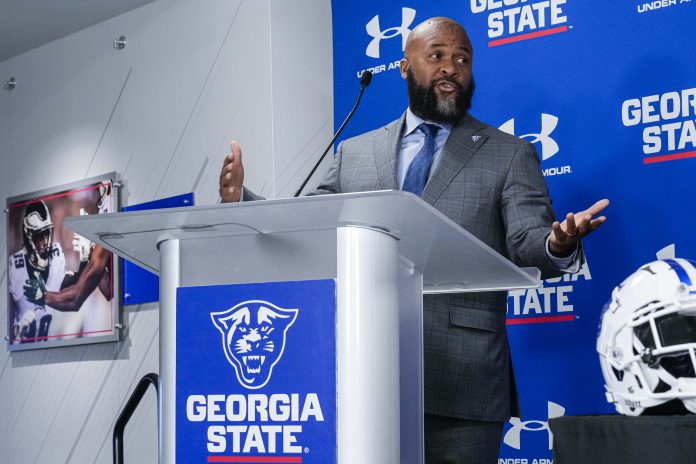 Feb 26, 2024; Atlanta, GA, USA; Georgia State Panthers head football coach Dell McGee addresses the media at the press conference announcing his hiring at Center Parc Stadium. Mandatory Credit: Dale Zanine-USA TODAY Sports