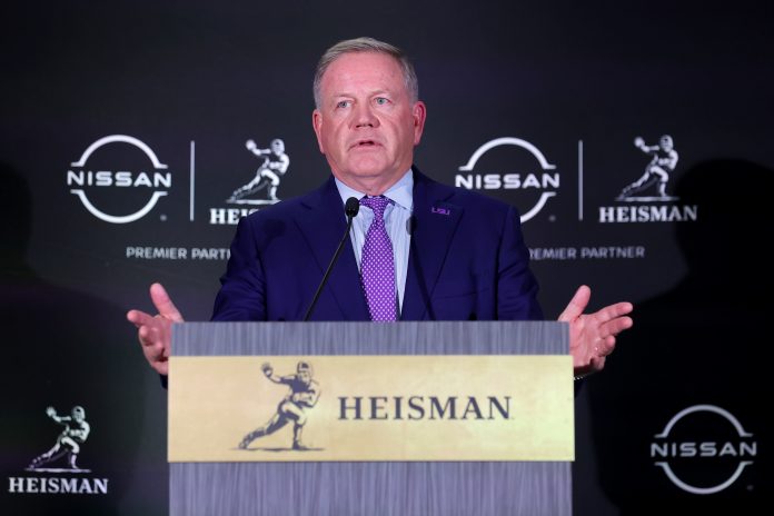 Dec 9, 2023; New York, New York, USA; LSU head coach Brian Kelly speaks to the media during a press conference in the Astor ballroom at the New York Marriott Marquis after quarterback Jayden Daniels (not pictured) wins the Heisman trophy. Mandatory Credit: Brad Penner-USA TODAY Sports