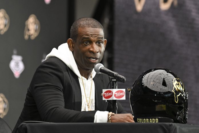 Colorado Buffaloes head coach Deion Sanders speaks to the media during the Big 12 Media Days at Allegiant Stadium. Mandatory Credit: Candice Ward-USA TODAY Sports