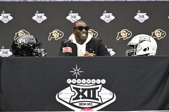 Colorado Buffaloes head coach Deion Sanders speaks to the media during the Big 12 Media Days at Allegiant Stadium. Mandatory Credit: Candice Ward-USA TODAY Sports