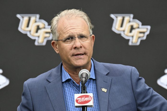 UCF Knights head coach Gus Malzahn speaks to the media during the Big 12 Media Days at Allegiant Stadium. Mandatory Credit: Candice Ward-USA TODAY Sports