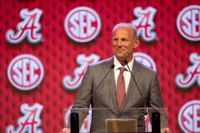 Alabama head coach Kalen DeBoer speaking at Omni Dallas Hotel. Mandatory Credit: Brett Patzke-USA TODAY Sports