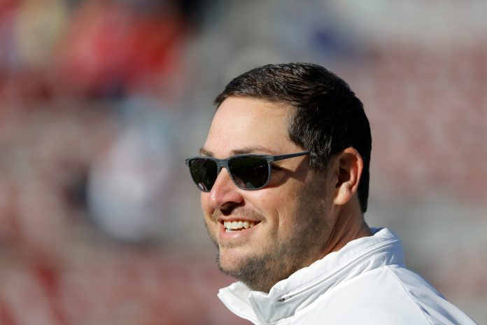 Oklahoma offensive coordinator Jeff Lebby is pictured before a college football game between the University of Oklahoma Sooners (OU) and the TCU Horned Frogs at Gaylord Family-Oklahoma Memorial Stadium in Norman, Okla., Friday, Nov. 24, 2023. Oklahoma won 69-45.