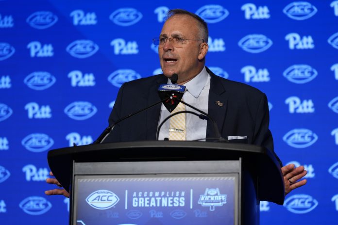 Pittsburgh Panthers head coach Pat Narduzzi talks at ACC Media Days.