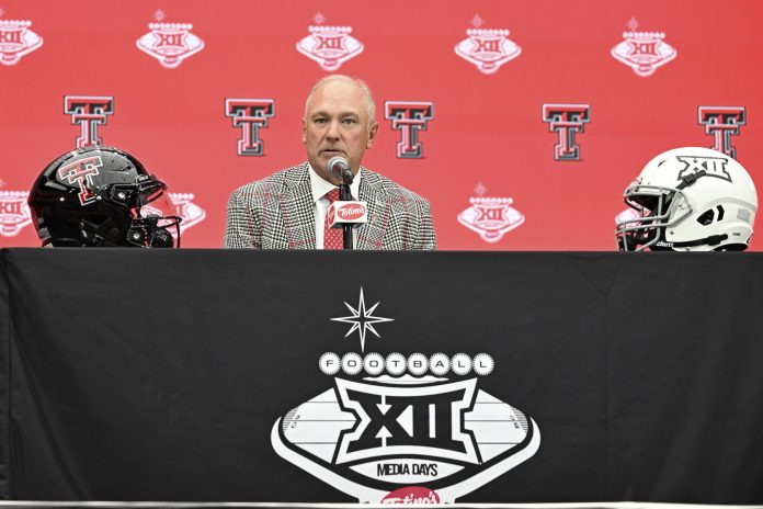 Texas Tech Red Raiders head coach Joey McGuire speaks to the media during the Big 12 Media Days at Allegiant Stadium. Freshman QB Will Hammond has caught McGuire's eye. Mandatory Credit: Candice Ward-USA TODAY Sports