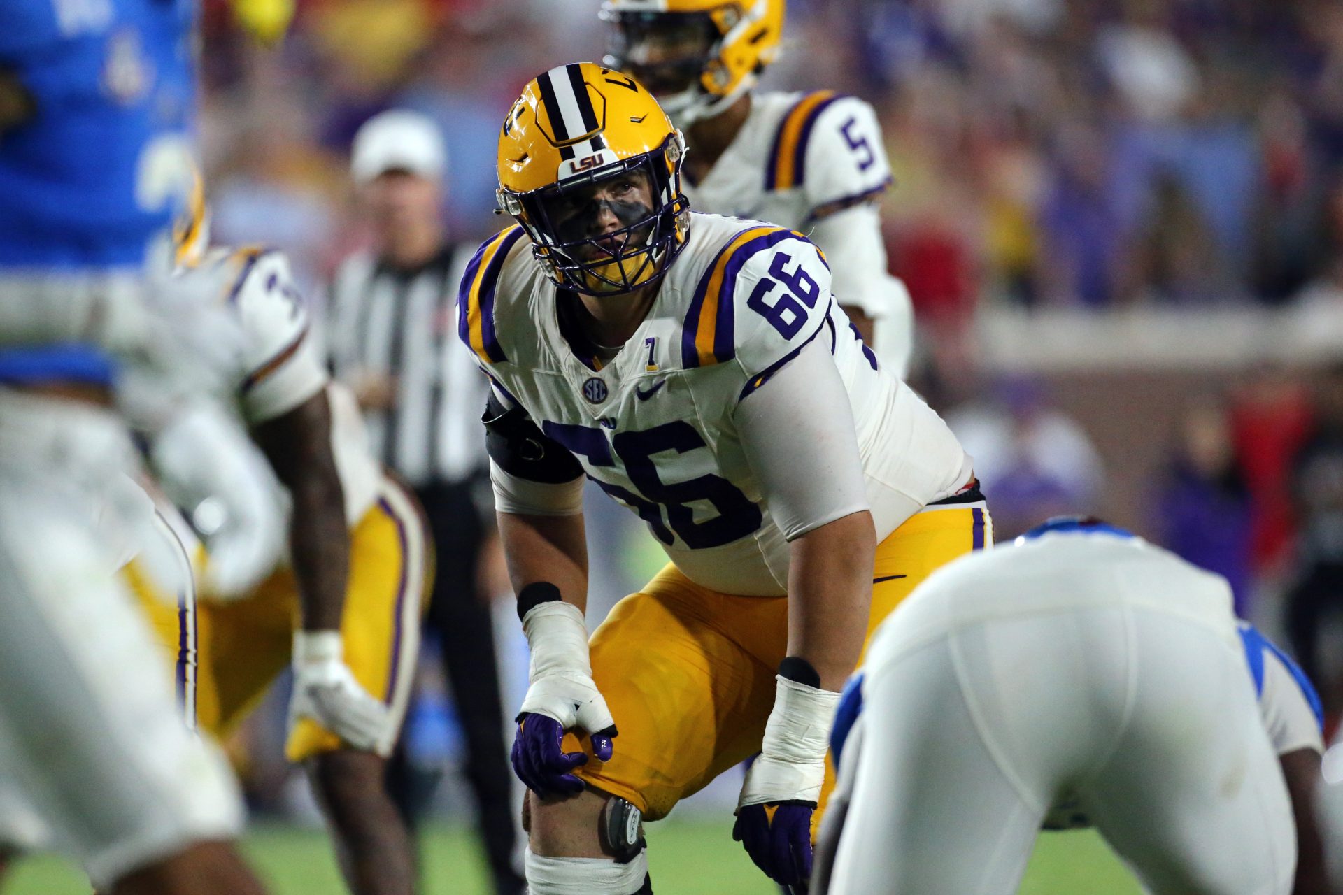 LSU Tigers offensive linemen Will Campbell (66) lines up before the snap during the second half against the Mississippi Rebels at Vaught-Hemingway Stadium.