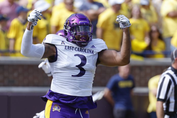 East Carolina Pirates defensive lineman Chad Stephens (3) celebrates during the first half against the Michigan Wolverines at Michigan Stadium.