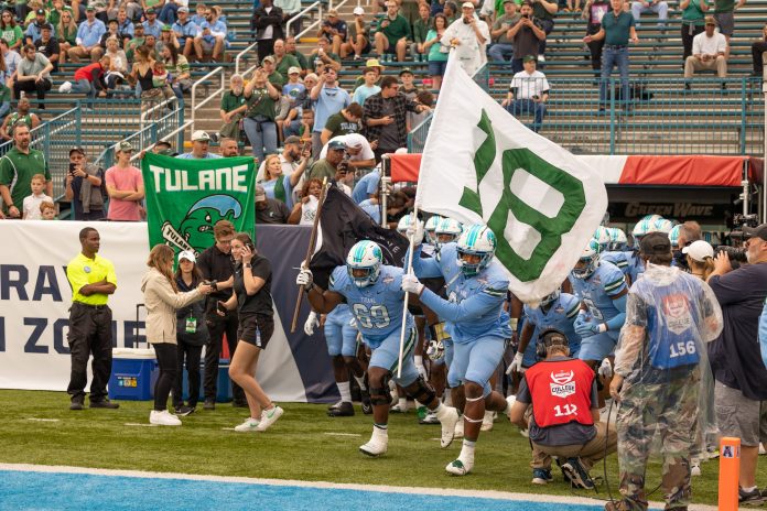 Tulane Green Wave offensive lineman Rashad Green (69) head the team out the tunnel against the UCF Knights during the first half at Yulman Stadium.