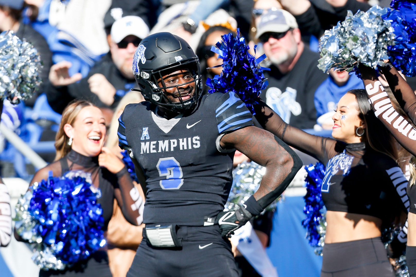 Memphis' Roc Taylor (3) reacts after making a catch during the game between Southern Methodist University and University of Memphis at Simmons Bank Liberty Stadium.