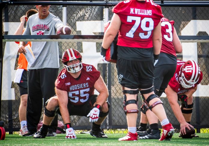 Indiana University's Nick Kidwell (55) during the first day of fall practice at the Mellencamp Pavilion.